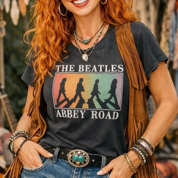 The Beatles Abbey Road Silhouette V-Neck Graphic Boho Rock Vibes T-shirt Large - Picture 6 of 6